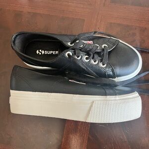 Superga Black Leather Platform Sneakers